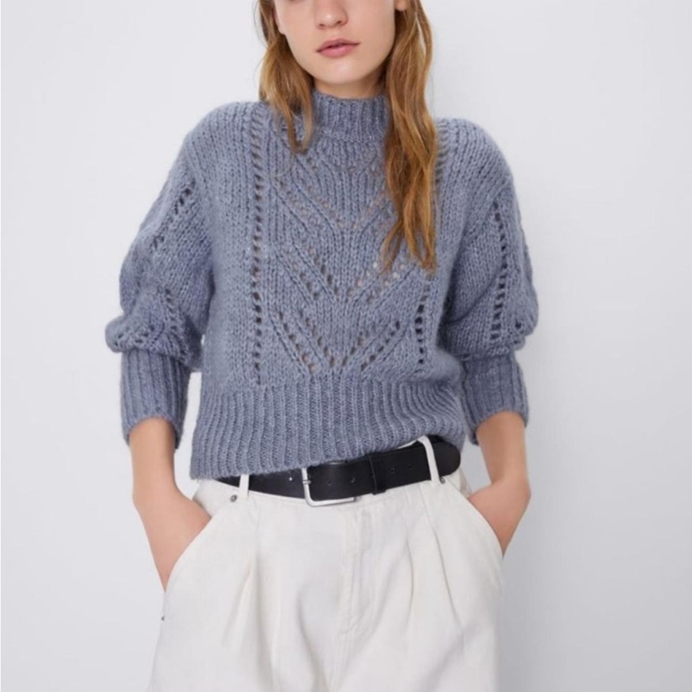 Zara Light Heather Blue Textured Mock Neck Sweater
